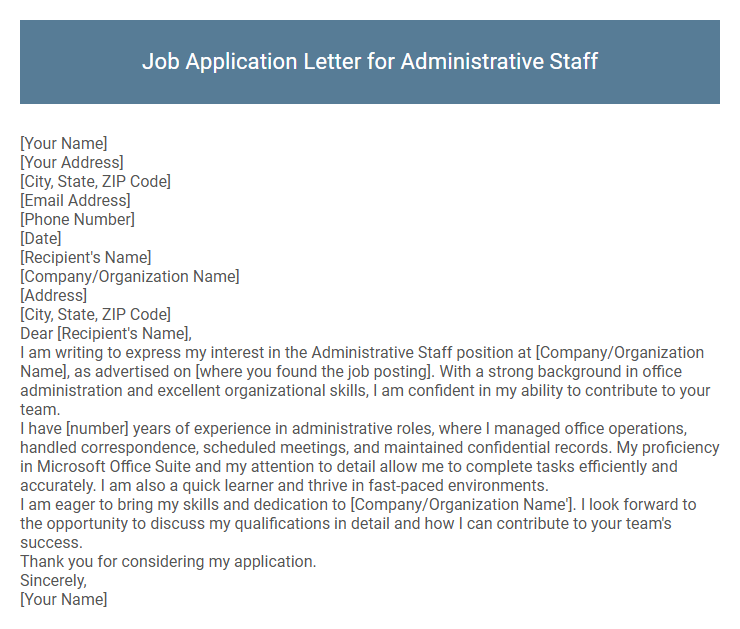 Job Application Letter for Administrative Staff