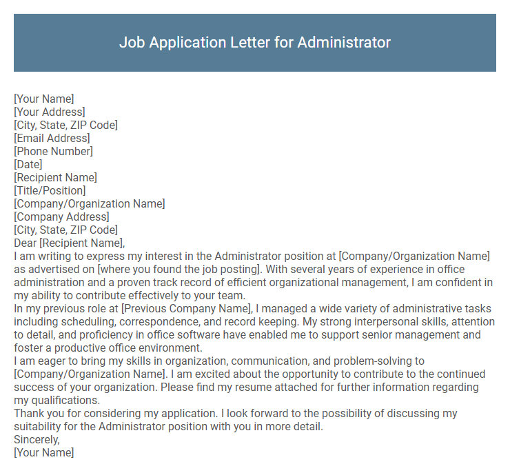 Job Application Letter for Administrator