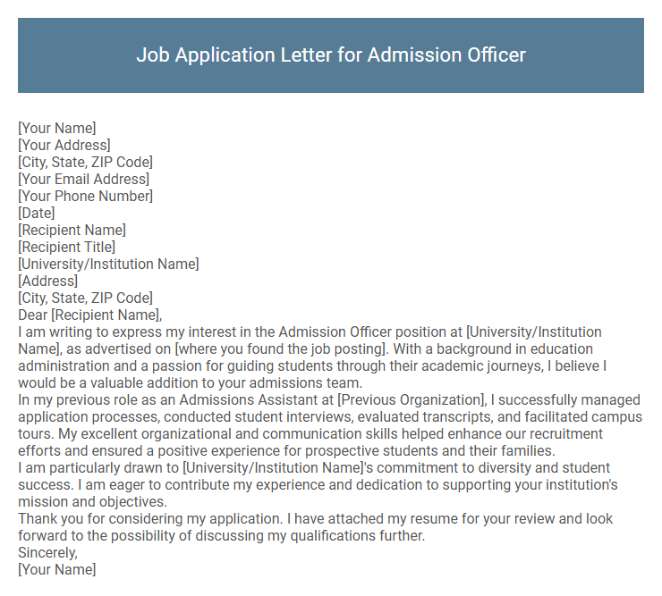 Job Application Letter for Admission Officer