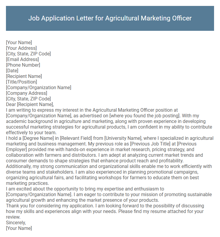 Job Application Letter for Agricultural Marketing Officer