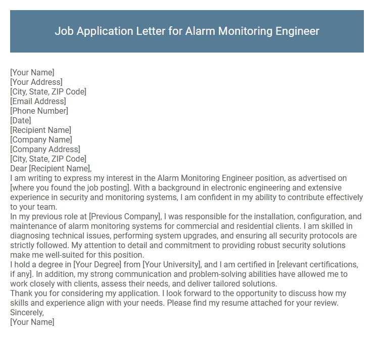 Job Application Letter for Alarm Monitoring Engineer