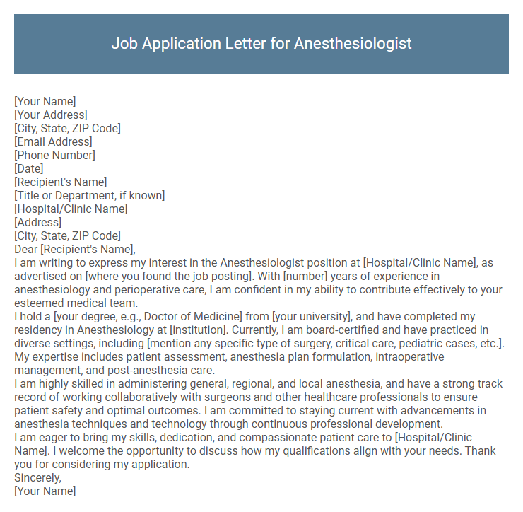 Job Application Letter for Anesthesiologist