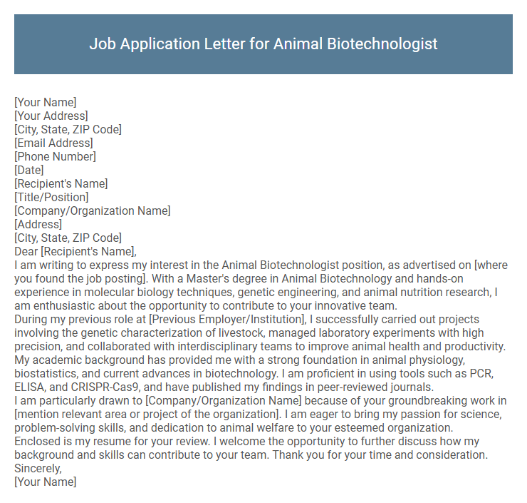 Job Application Letter for Animal Biotechnologist