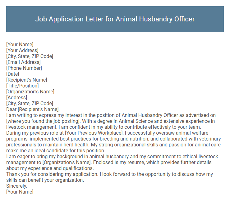 Job Application Letter for Animal Husbandry Officer