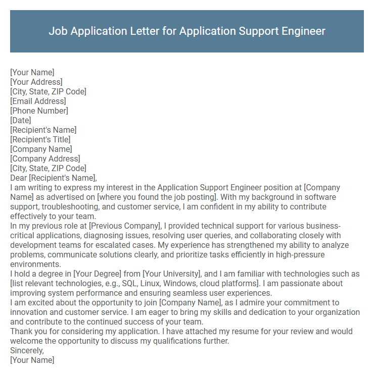 Job Application Letter for Application Support Engineer