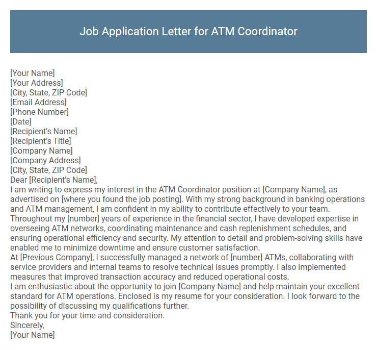 Job Application Letter for ATM Coordinator