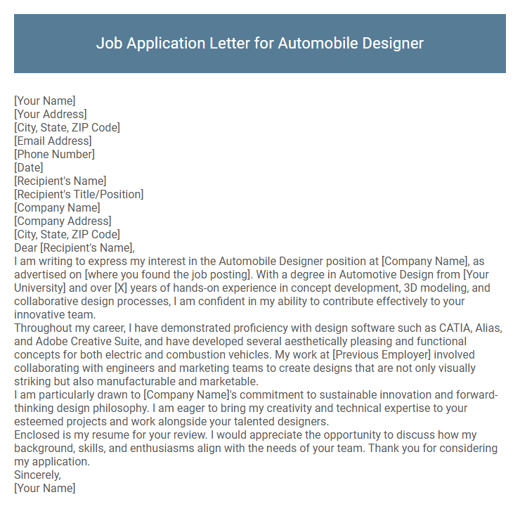 Job Application Letter for Automobile Designer