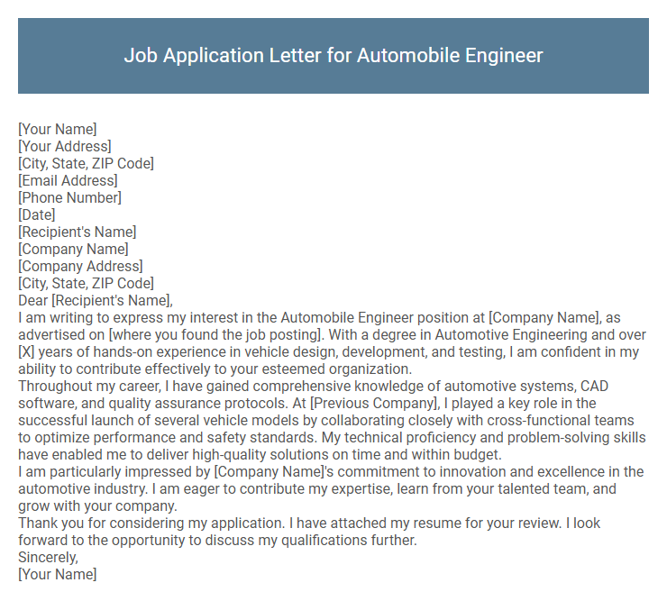Job Application Letter for Automobile Engineer