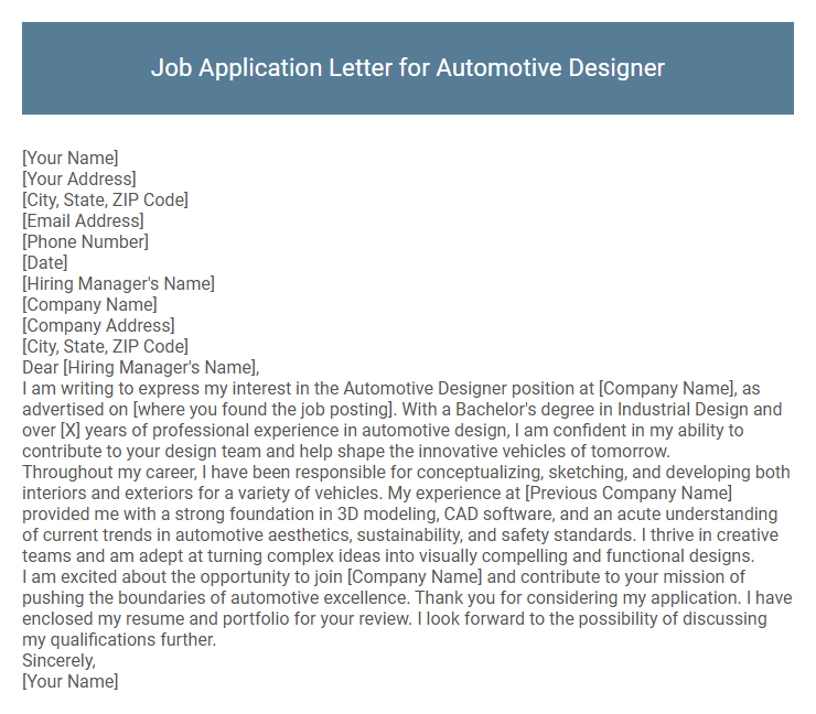 Job Application Letter for Automotive Designer
