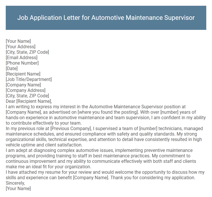 Job Application Letter for Automotive Maintenance Supervisor
