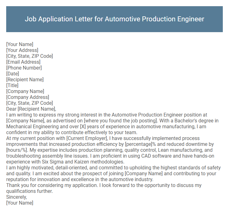 Job Application Letter for Automotive Production Engineer