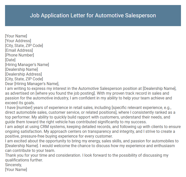 Job Application Letter for Automotive Salesperson