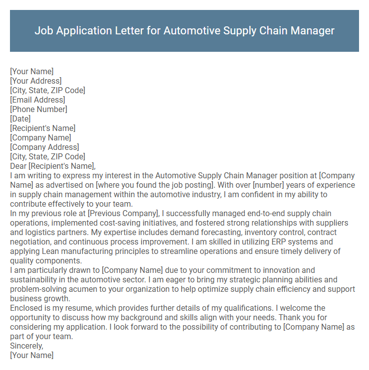 Job Application Letter for Automotive Supply Chain Manager