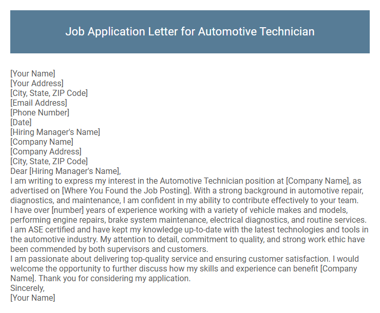 Job Application Letter for Automotive Technician