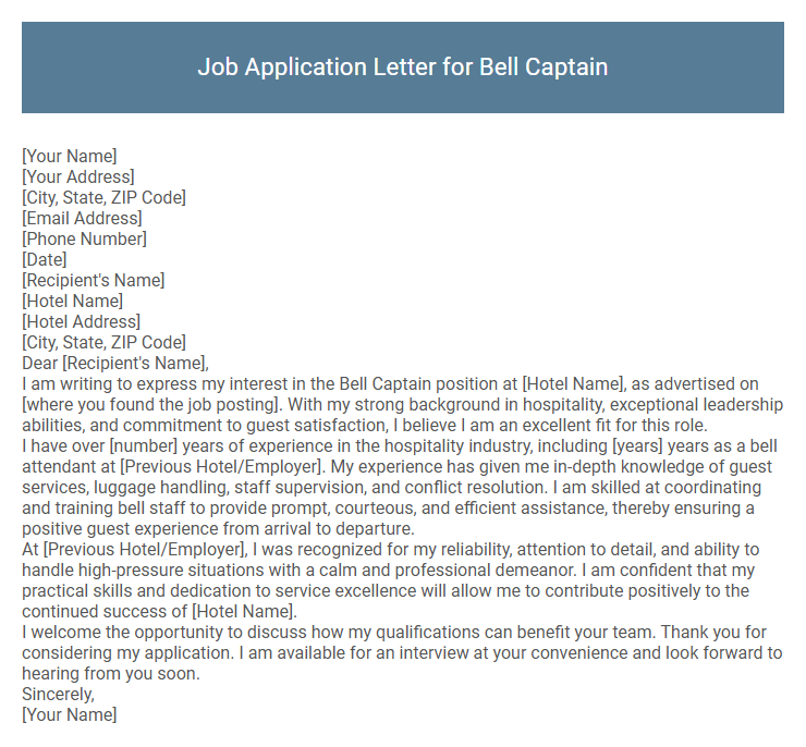 Job Application Letter for Bell Captain