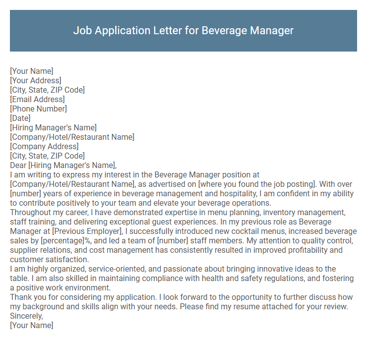 Job Application Letter for Beverage Manager