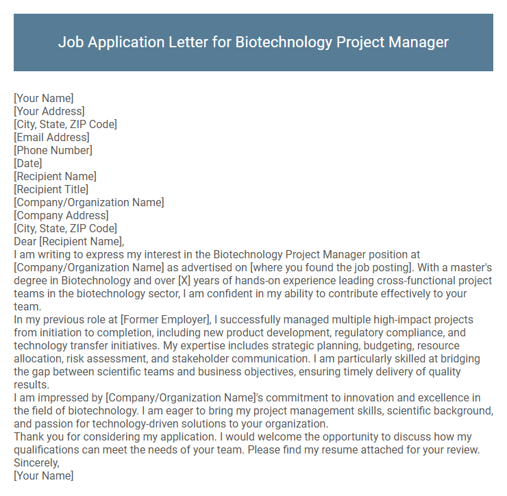 Job Application Letter for Biotechnology Project Manager
