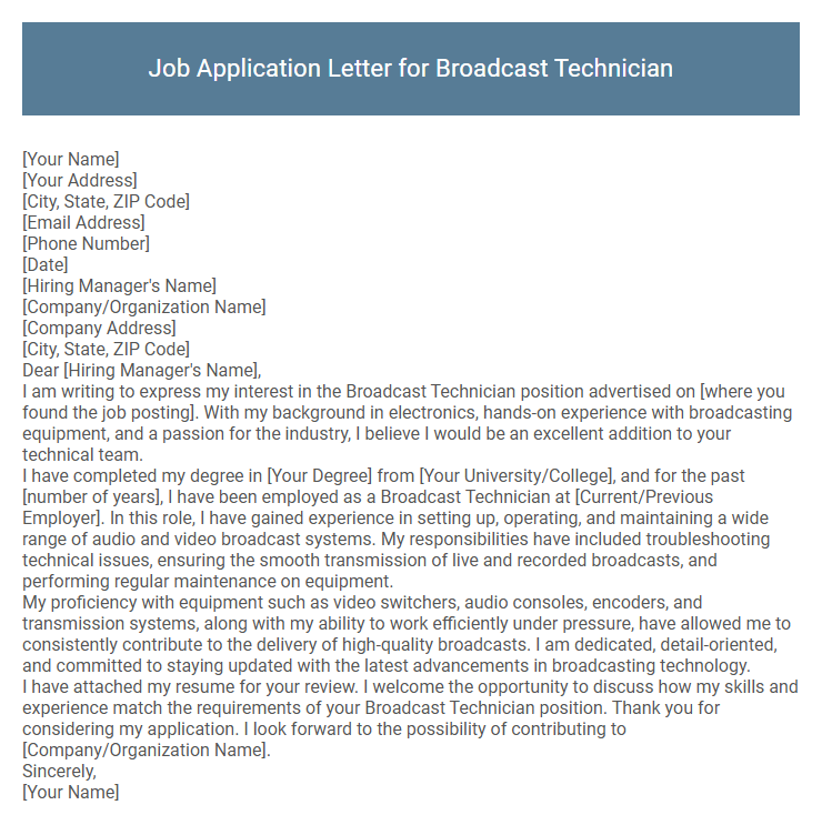 Job Application Letter for Broadcast Technician