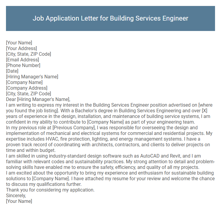 Job Application Letter for Building Services Engineer