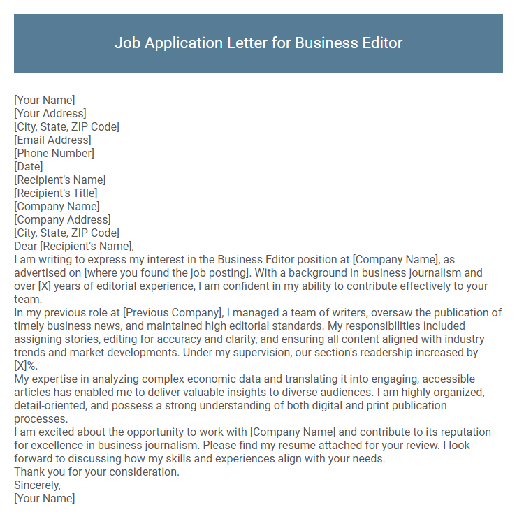 Job Application Letter for Business Editor