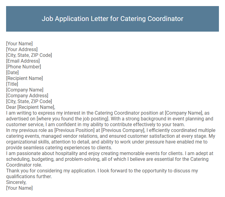 Job Application Letter for Catering Coordinator