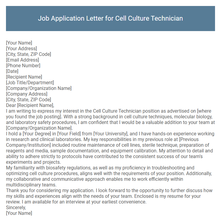Job Application Letter for Cell Culture Technician