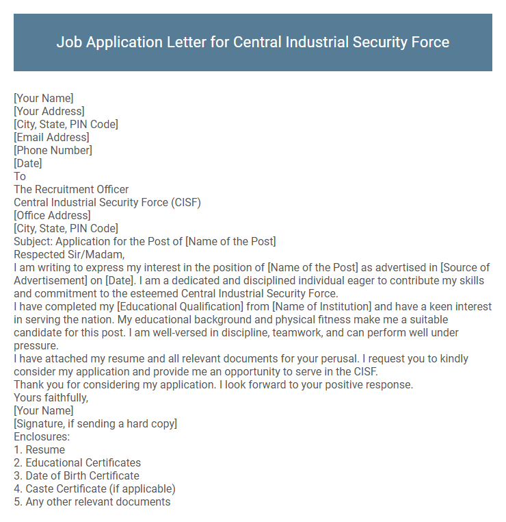 Job Application Letter for Central Industrial Security Force