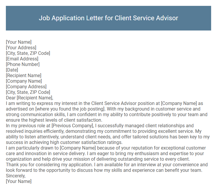 Job Application Letter for Client Service Advisor