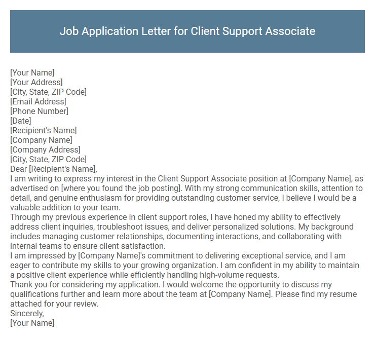 Job Application Letter for Client Support Associate