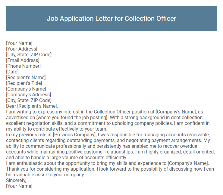Job Application Letter for Collection Officer
