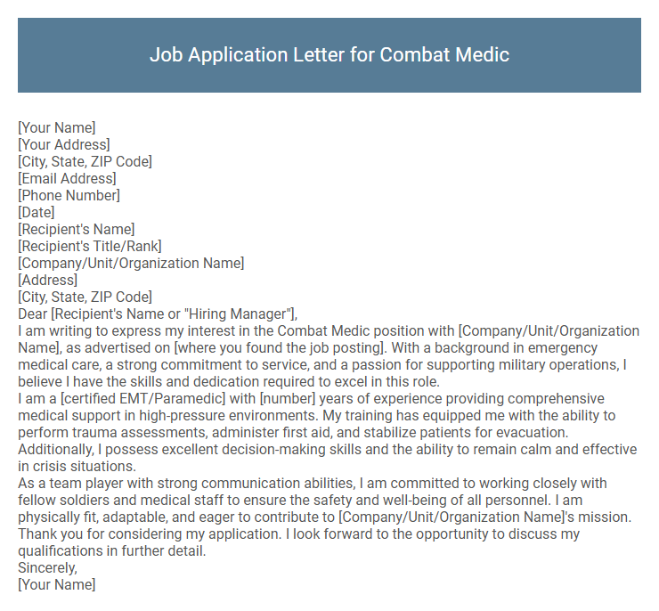 Job Application Letter for Combat Medic