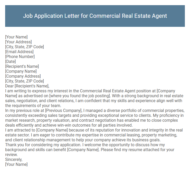 Job Application Letter for Commercial Real Estate Agent