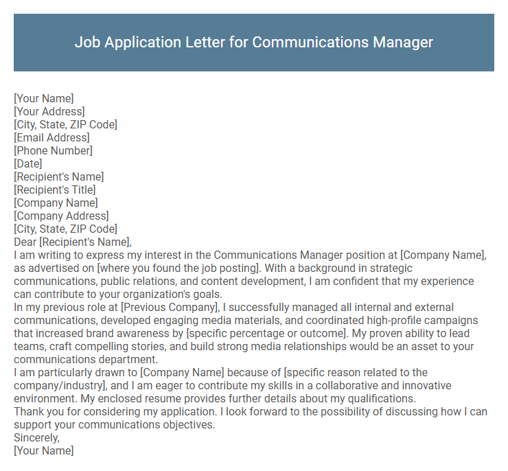 Job Application Letter for Communications Manager