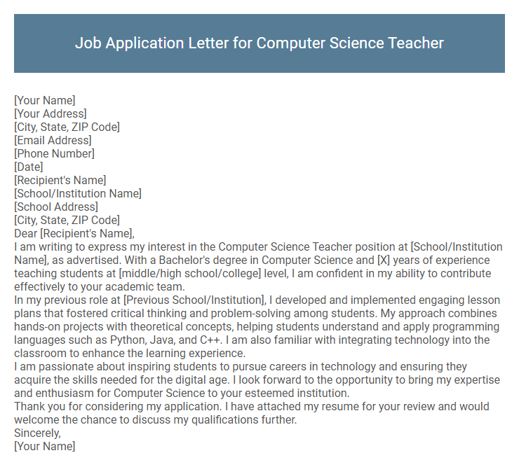 Job Application Letter for Computer Science Teacher
