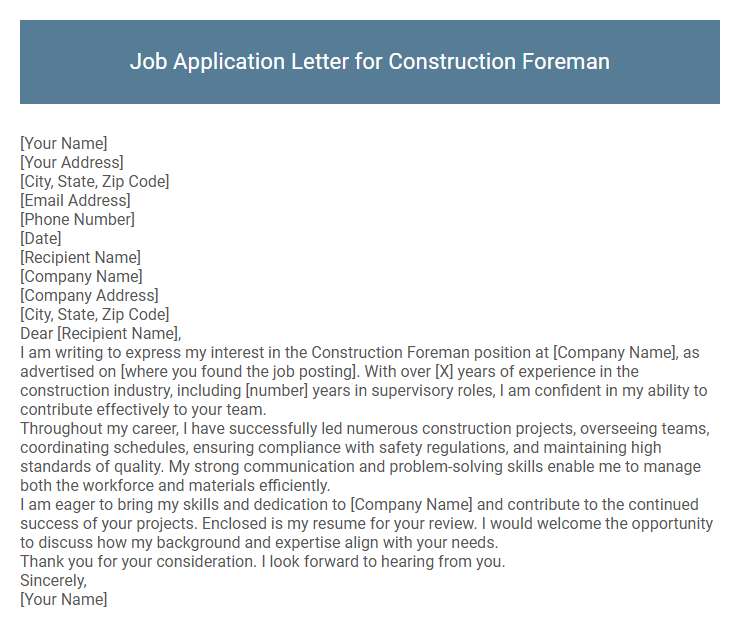 Job Application Letter for Construction Foreman