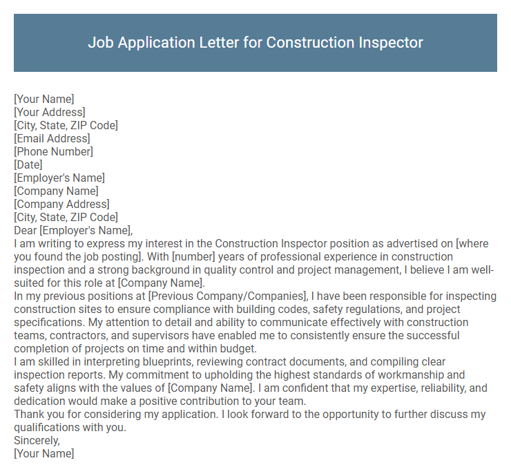 Job Application Letter for Construction Inspector