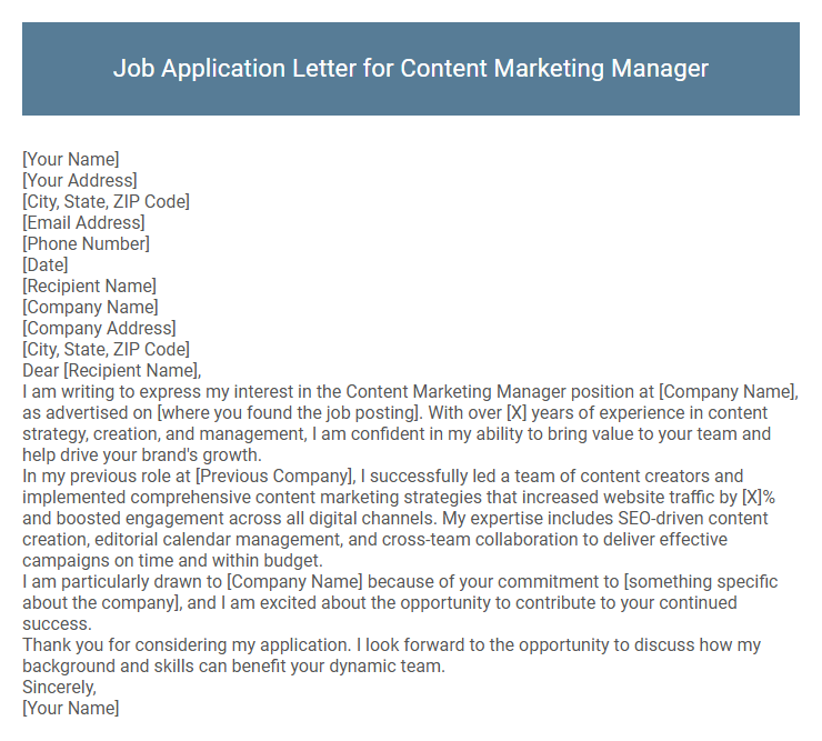 Job Application Letter for Content Marketing Manager