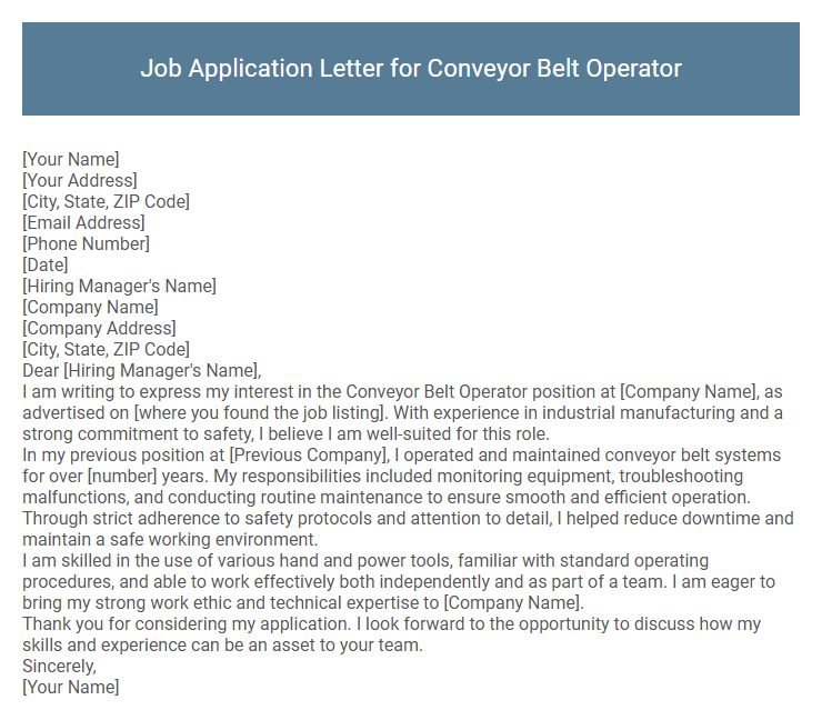 Job Application Letter for Conveyor Belt Operator