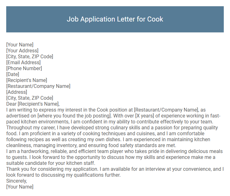Job Application Letter for Cook
