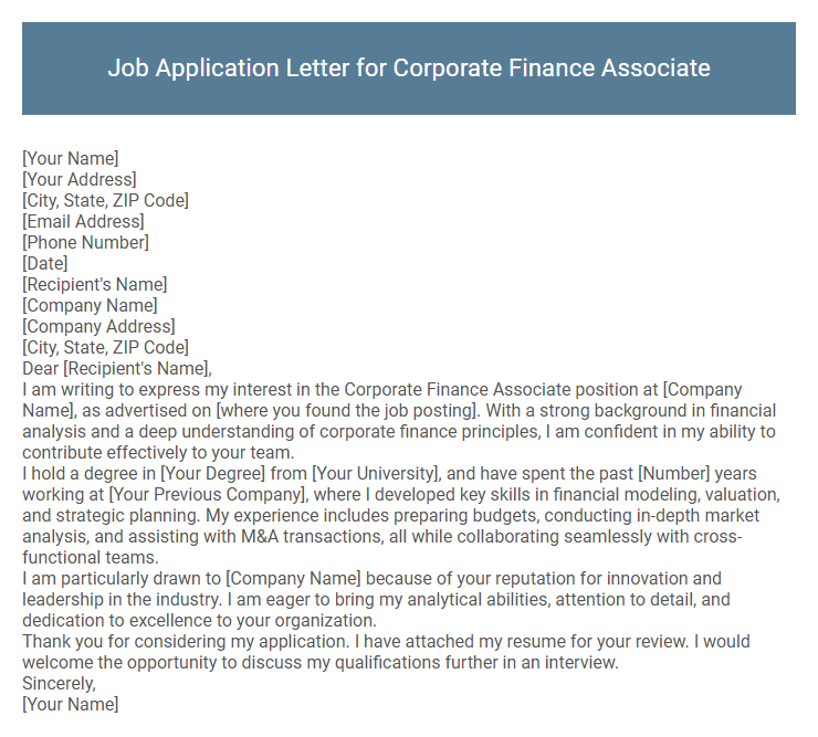 Job Application Letter for Corporate Finance Associate