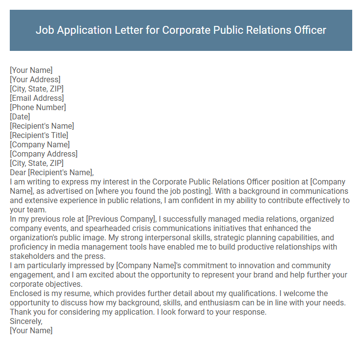 Job Application Letter for Corporate Public Relations Officer