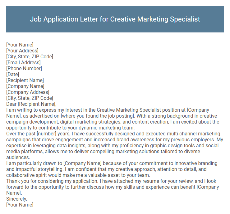 Job Application Letter for Creative Marketing Specialist