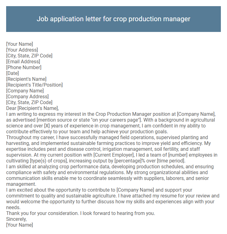 Job application letter for crop production manager