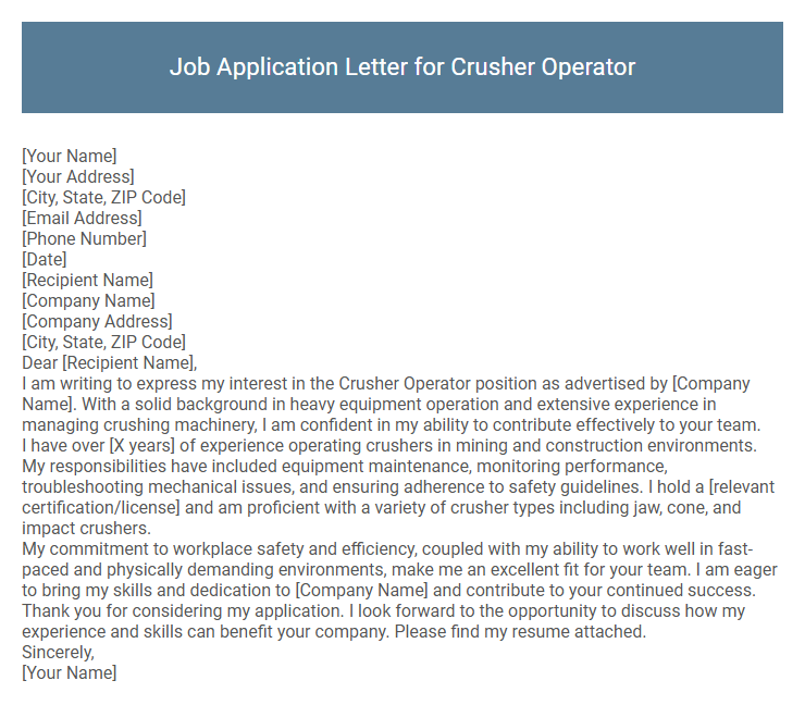 Job Application Letter for Crusher Operator