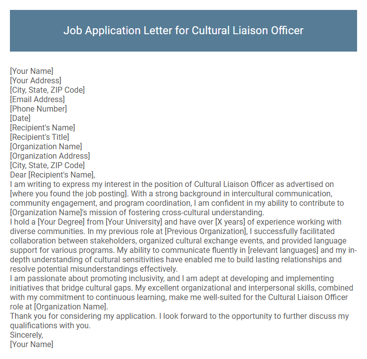 Job Application Letter for Cultural Liaison Officer