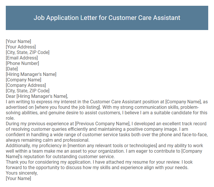 Job Application Letter for Customer Care Assistant