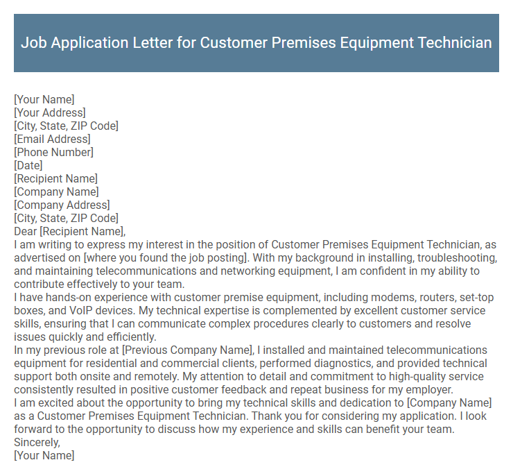 Job Application Letter for Customer Premises Equipment Technician