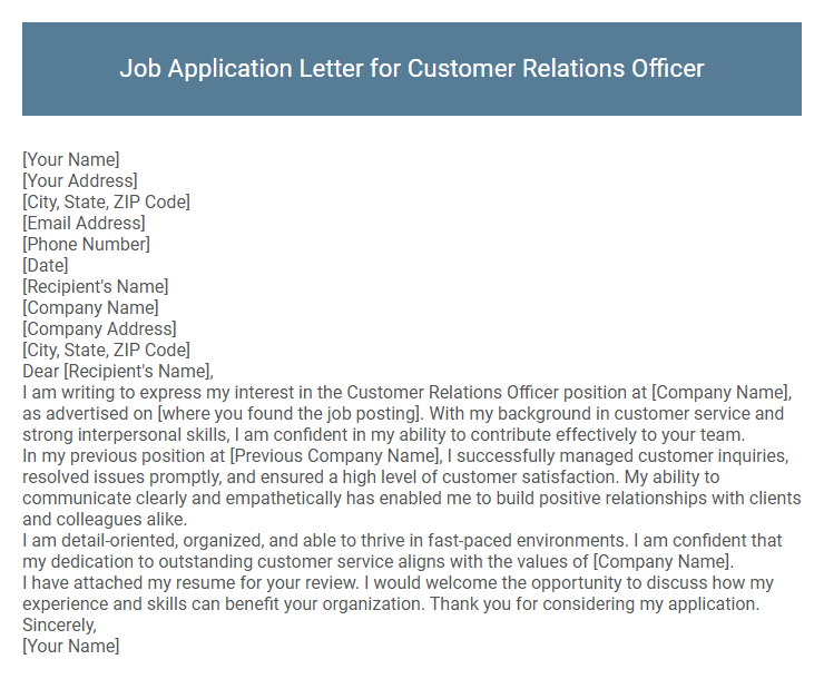 Job Application Letter for Customer Relations Officer