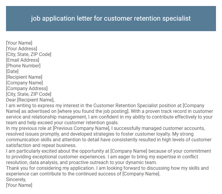 job application letter for customer retention specialist