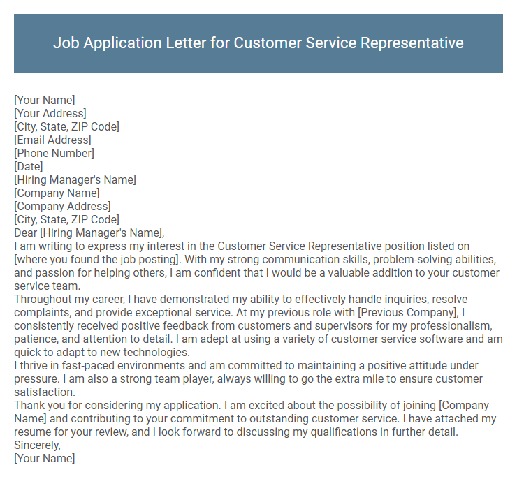 Job Application Letter for Customer Service Representative